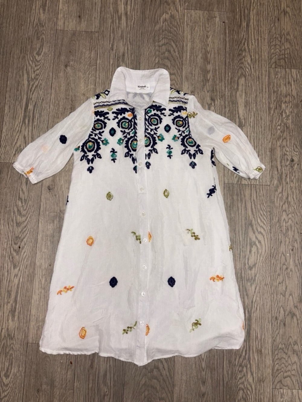 White Embroidered Button-Front Mini Dress with Multicolor Floral Accents